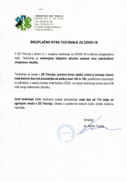 brezplačno hitro testiranje v ZD Trbovlje